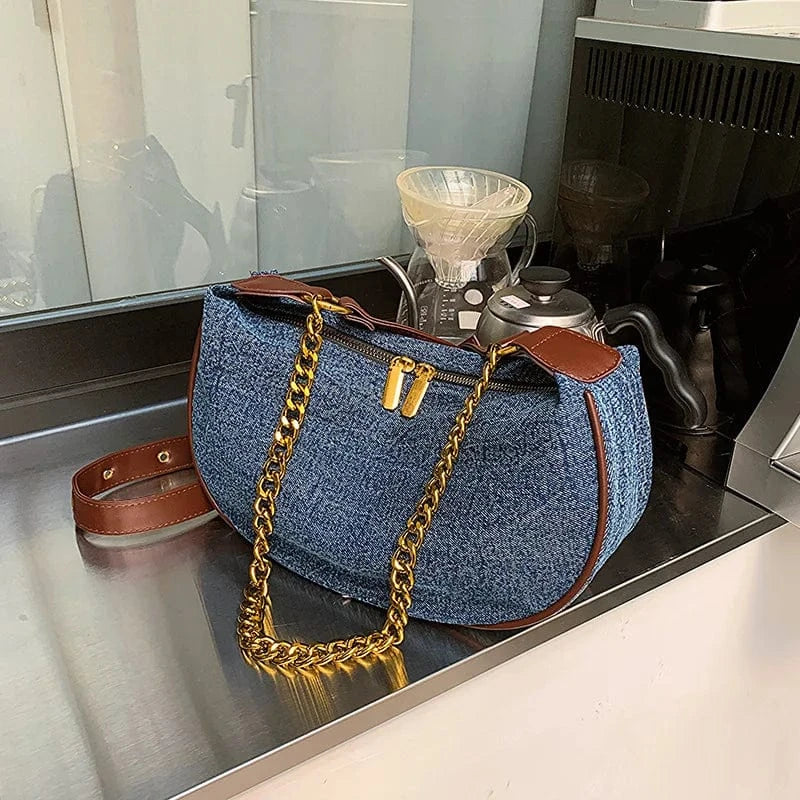 Small Hobos Women Shoulder Bags Denim Leather Underarm Handbags Luxury Crescent Clutches Designed Soft Hobo Purse for Female