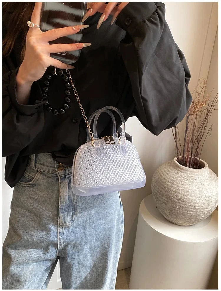Small PVC Waterproof Black White Jelly Handbag Fashion Shell Shoulder Bag Beading Pattern Crossbody Bags Summer Beach Totes