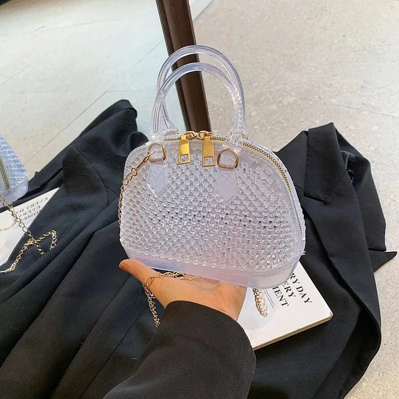 Small PVC Waterproof Black White Jelly Handbag Fashion Shell Shoulder Bag Beading Pattern Crossbody Bags Summer Beach Totes