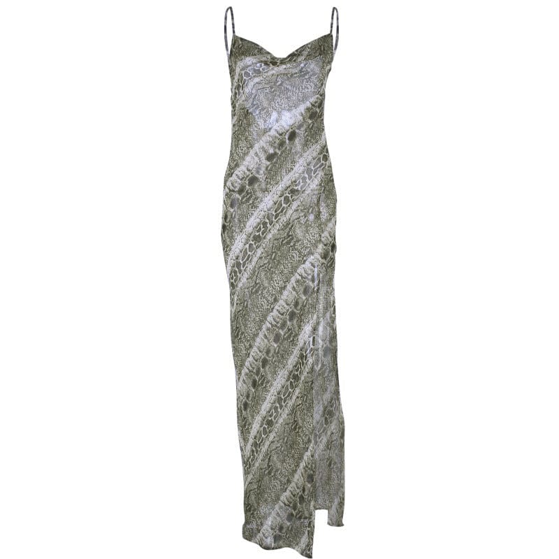 Snake Print Chiffon Sexy Party Slip Sheer Mesh See Through Backless Maxi Dress Strap Long Dresses Women Summer