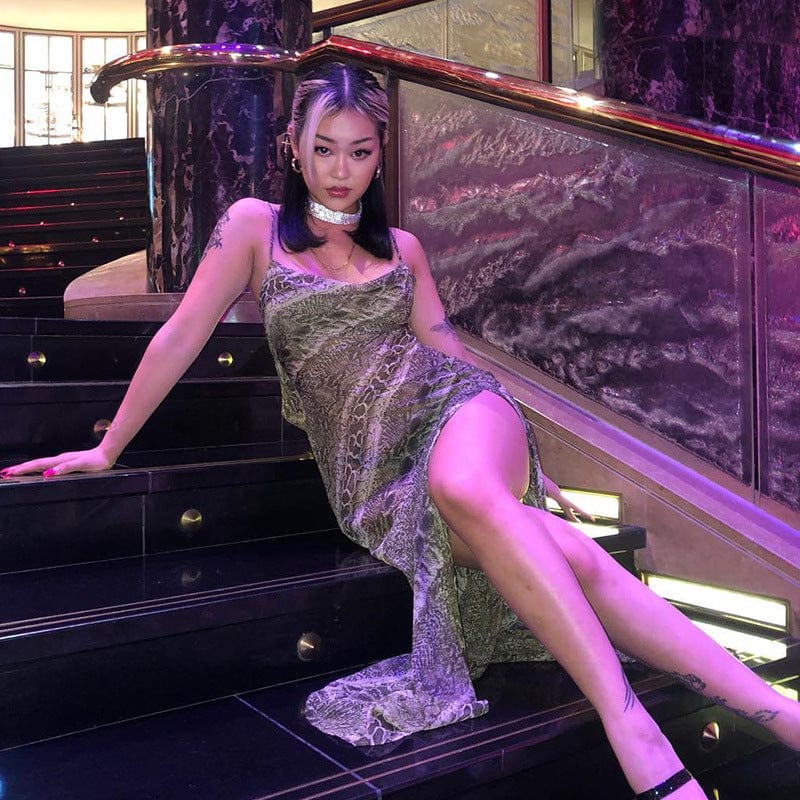 Snake Print Chiffon Sexy Party Slip Sheer Mesh See Through Backless Maxi Dress Strap Long Dresses Women Summer