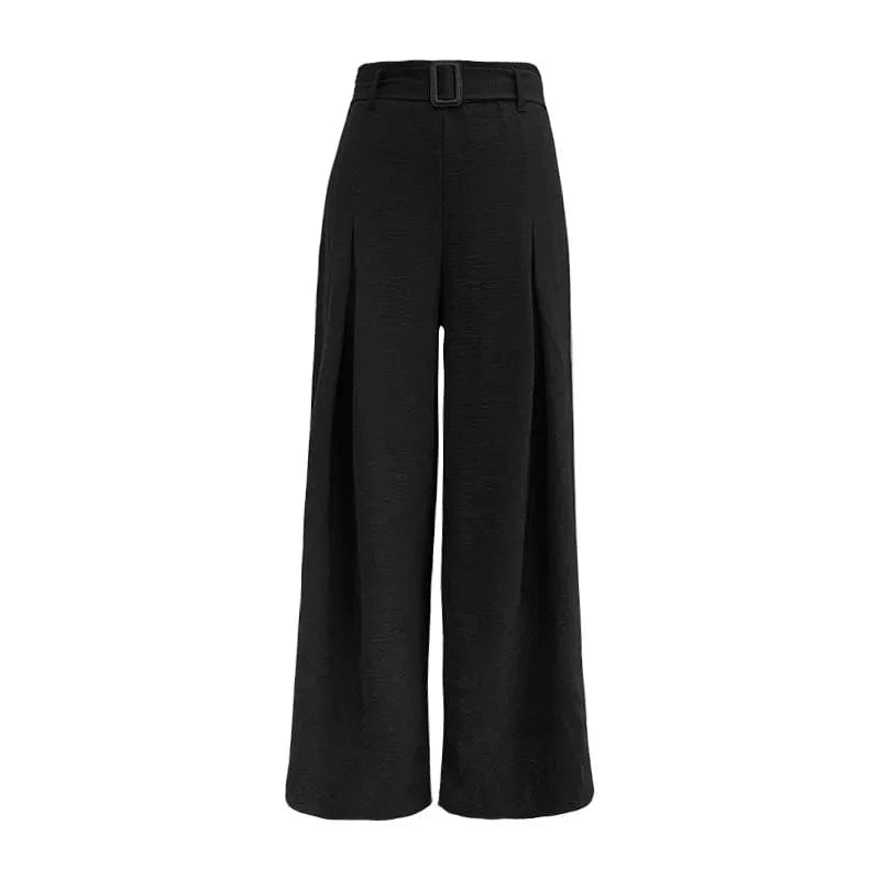 Solid Color Belted Wide-Leg Pants