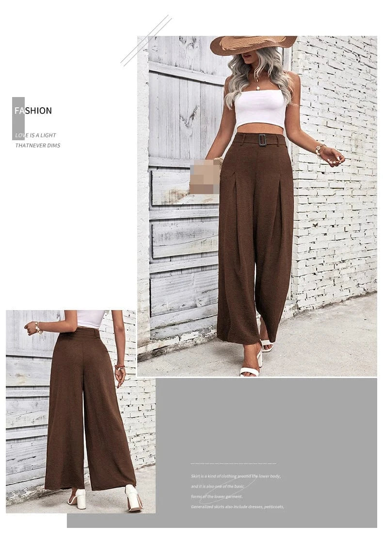 Solid Color Belted Wide-Leg Pants