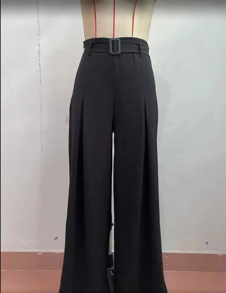 Solid Color Belted Wide-Leg Pants