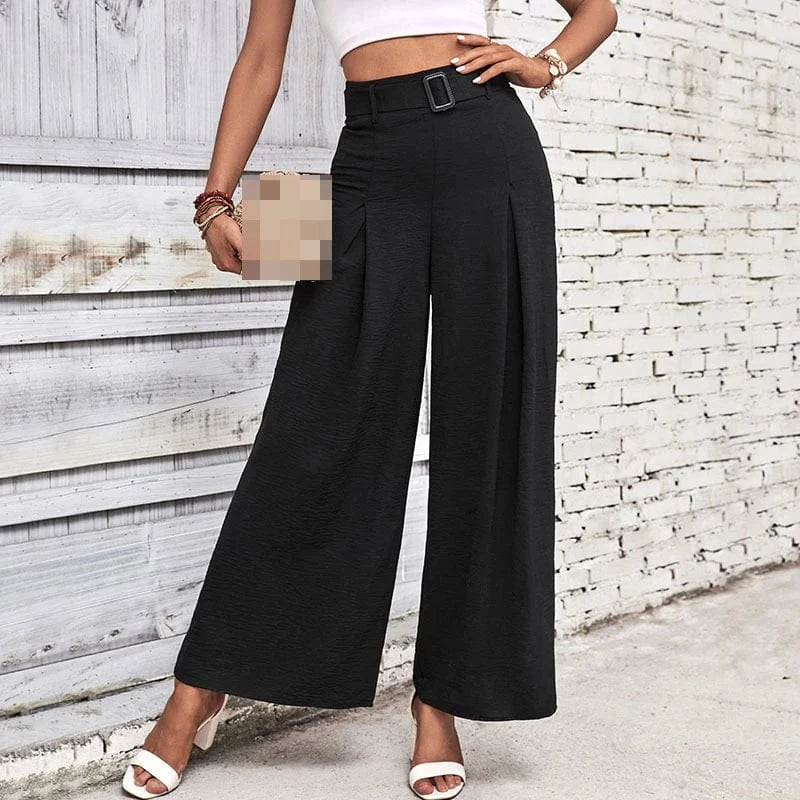 Solid Color Belted Wide-Leg Pants
