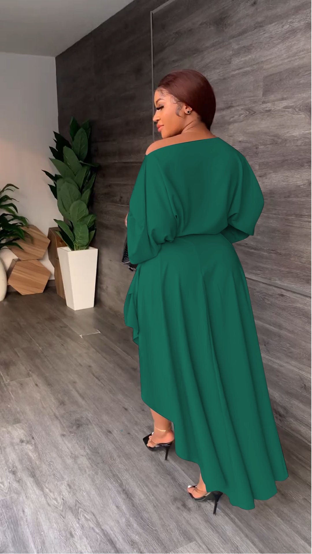 Solid Color Slash Neck Irregular Slit Pleated Dress