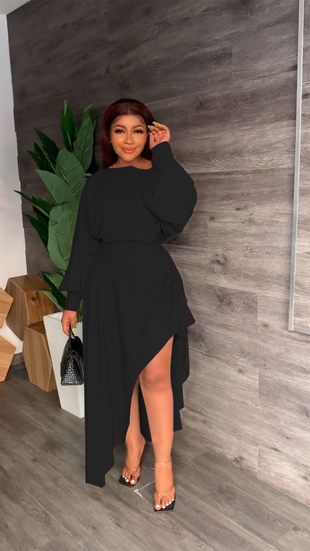 Solid Color Slash Neck Irregular Slit Pleated Dress