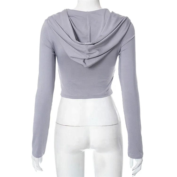 Solid Folds Hooded Crop Top Women Grunge y2k Full Sleeve Skinny T Shirts Harajuku Street Style Autumn Tees