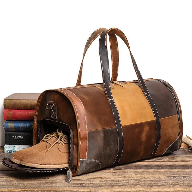 splice color Large  Vintage Genuine Leather Women Men Travel Bag Business Male Duffle Bag High Quality Patchwork