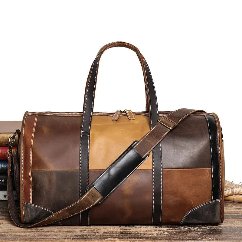 splice color Large  Vintage Genuine Leather Women Men Travel Bag Business Male Duffle Bag High Quality Patchwork