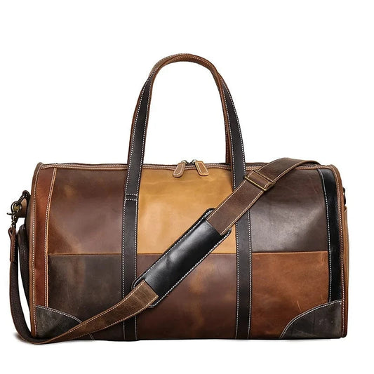 splice color Large  Vintage Genuine Leather Women Men Travel Bag Business Male Duffle Bag High Quality Patchwork