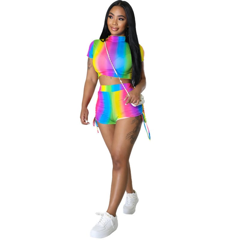 Sports and leisure large size short T-shirt suit rainbow striped print short-sleeved shorts two-piece set for women