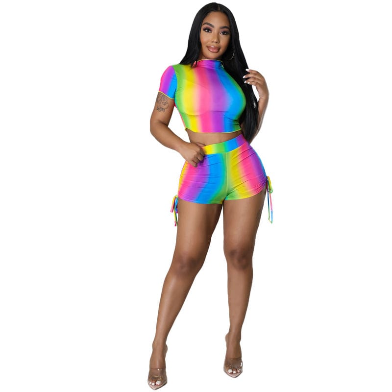 Sports and leisure large size short T-shirt suit rainbow striped print short-sleeved shorts two-piece set for women