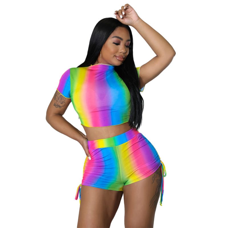 Sports and leisure large size short T-shirt suit rainbow striped print short-sleeved shorts two-piece set for women