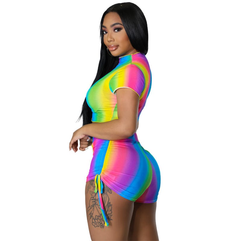 Sports and leisure large size short T-shirt suit rainbow striped print short-sleeved shorts two-piece set for women