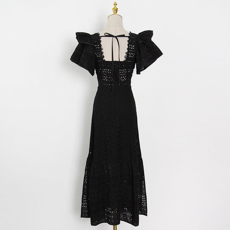 Spring 2022 new arrivals women clothes hook flower hollow out square collar short sleeves slit lace long dress