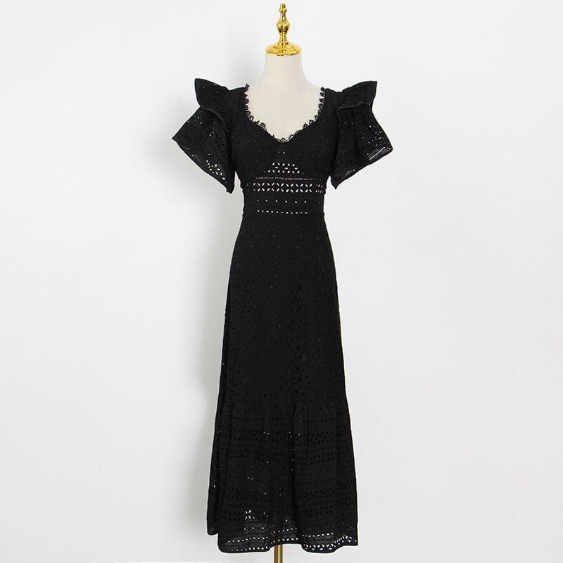 Spring 2022 new arrivals women clothes hook flower hollow out square collar short sleeves slit lace long dress