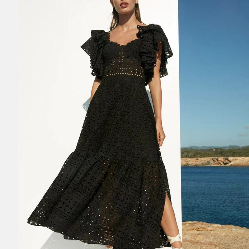 Spring 2022 new arrivals women clothes hook flower hollow out square collar short sleeves slit lace long dress