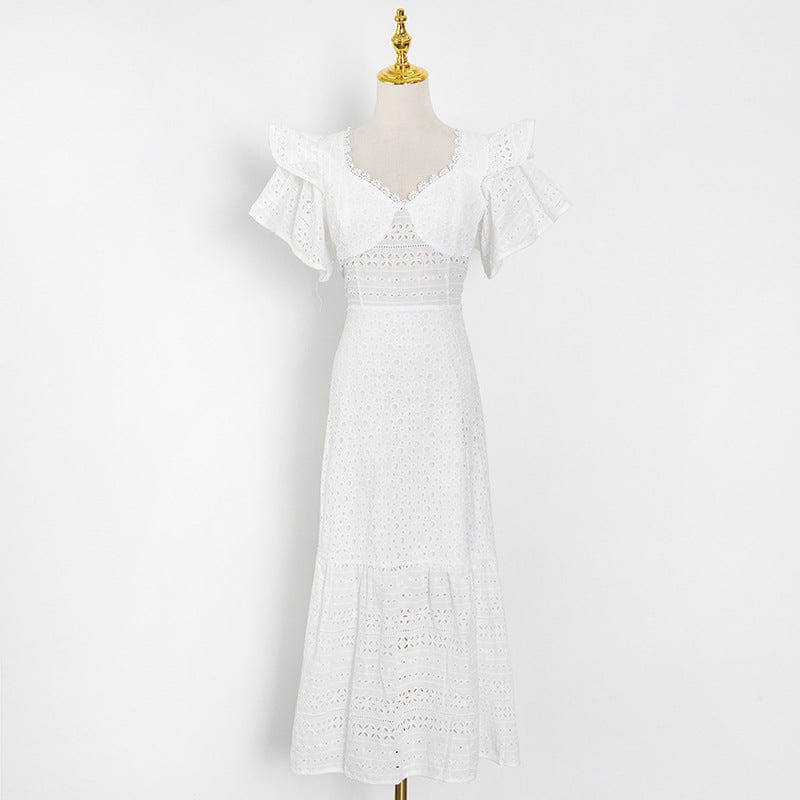 Spring 2022 new arrivals women clothes hook flower hollow out square collar short sleeves slit lace long dress