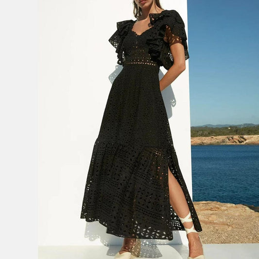Spring 2022 new arrivals women clothes hook flower hollow out square collar short sleeves slit lace long dress