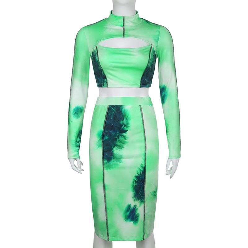 Spring 2023 Tie Dye Color Contrast Printing Cut Out Zipper Long Sleeve Blouse Match Bodycon Midi Skirt 2 Piece Set