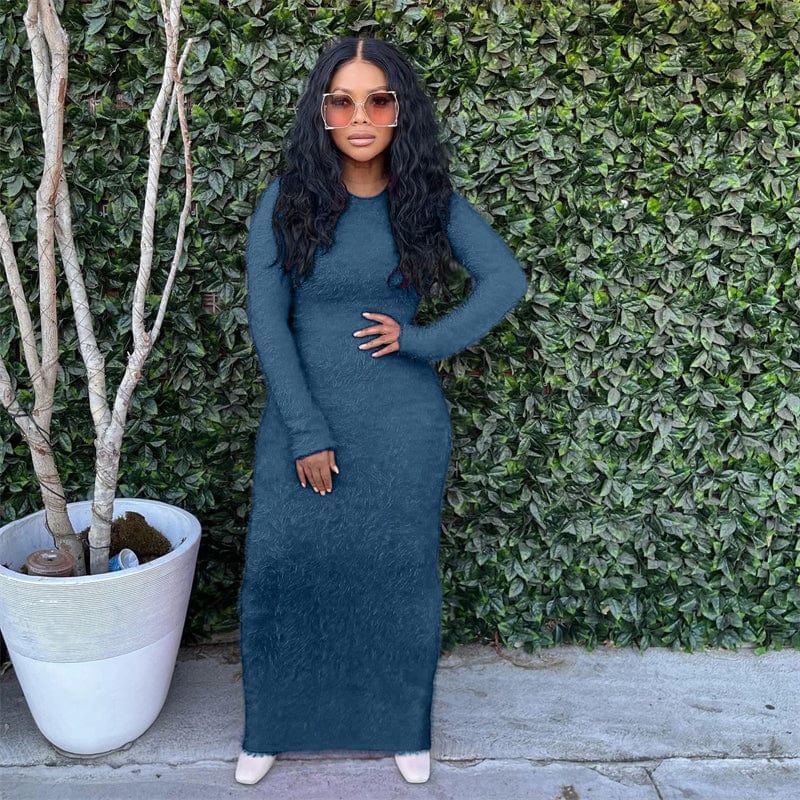 spring 2023 women casual elegant ladies jersey fabric cotton pink long sleeve knitted blue long sweater dress for women