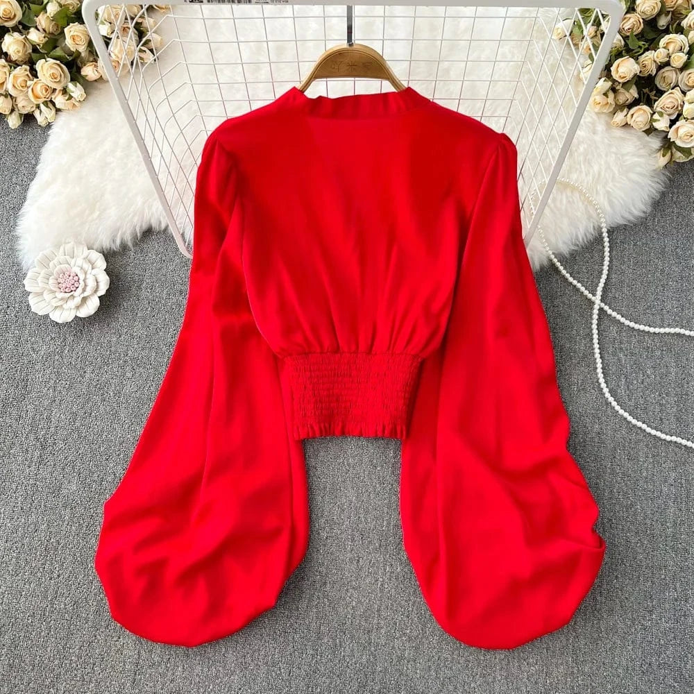 Spring and Autumn Fashion V-neck Lantern Long Sleeve Shirt Women High Waisted Pullover Short Slim Top