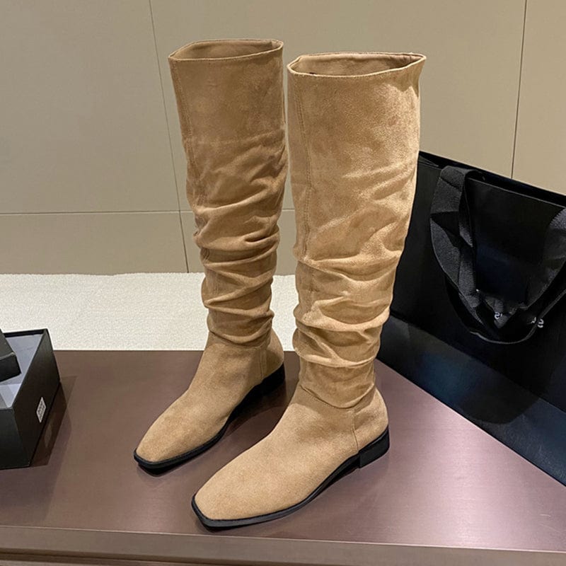 Spring Autumn Leather Thick Soled Boots Fashion Lace-up Side Zippers Round Head Knee-High Motorcycle 35-39 Boots For Women