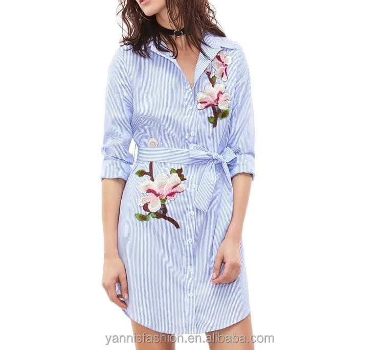 spring autumn long sleeves stripes exquisite floral decals embroidery elegant dress women robe with belt shirt dress E9077