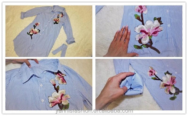 spring autumn long sleeves stripes exquisite floral decals embroidery elegant dress women robe with belt shirt dress E9077