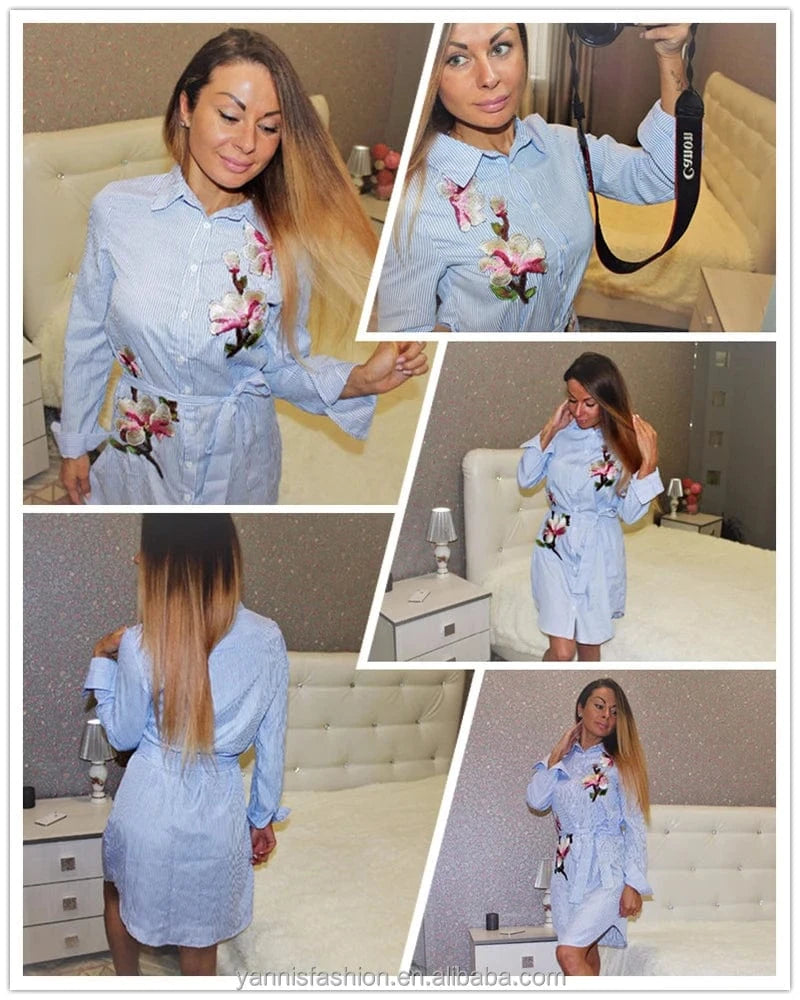 spring autumn long sleeves stripes exquisite floral decals embroidery elegant dress women robe with belt shirt dress E9077