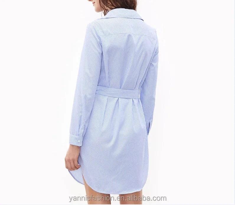 spring autumn long sleeves stripes exquisite floral decals embroidery elegant dress women robe with belt shirt dress E9077