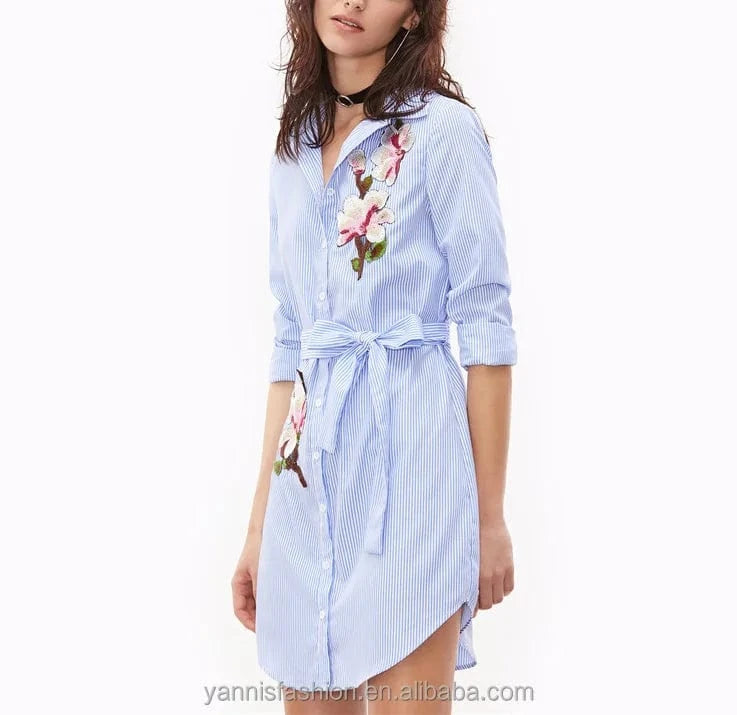 spring autumn long sleeves stripes exquisite floral decals embroidery elegant dress women robe with belt shirt dress E9077