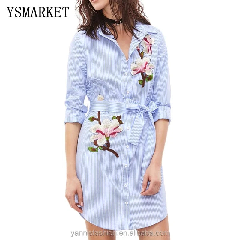 spring autumn long sleeves stripes exquisite floral decals embroidery elegant dress women robe with belt shirt dress E9077