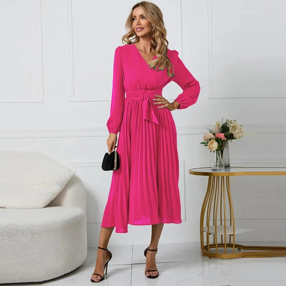 Spring Autumn New Long Sleeve Slim Pleated Belt V-neck Women's A-line Dress Lantern Sleeve Evening Women Elegant Dresses