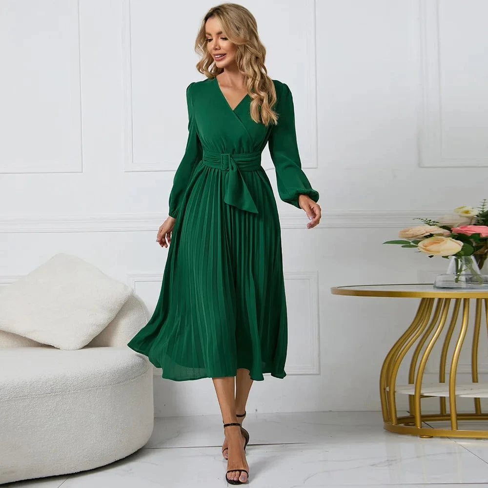 Spring Autumn New Long Sleeve Slim Pleated Belt V-neck Women's A-line Dress Lantern Sleeve Evening Women Elegant Dresses