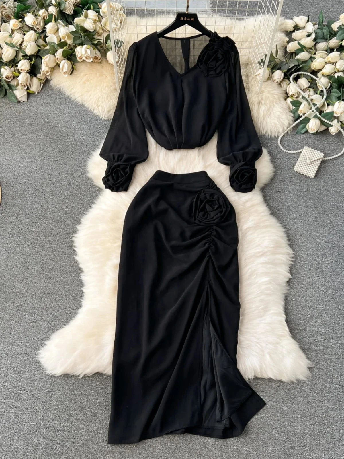 Spring Casual 2 Piece Set For Women Crop Top And Slit Hip Skirts Set American Clothing Wholesale