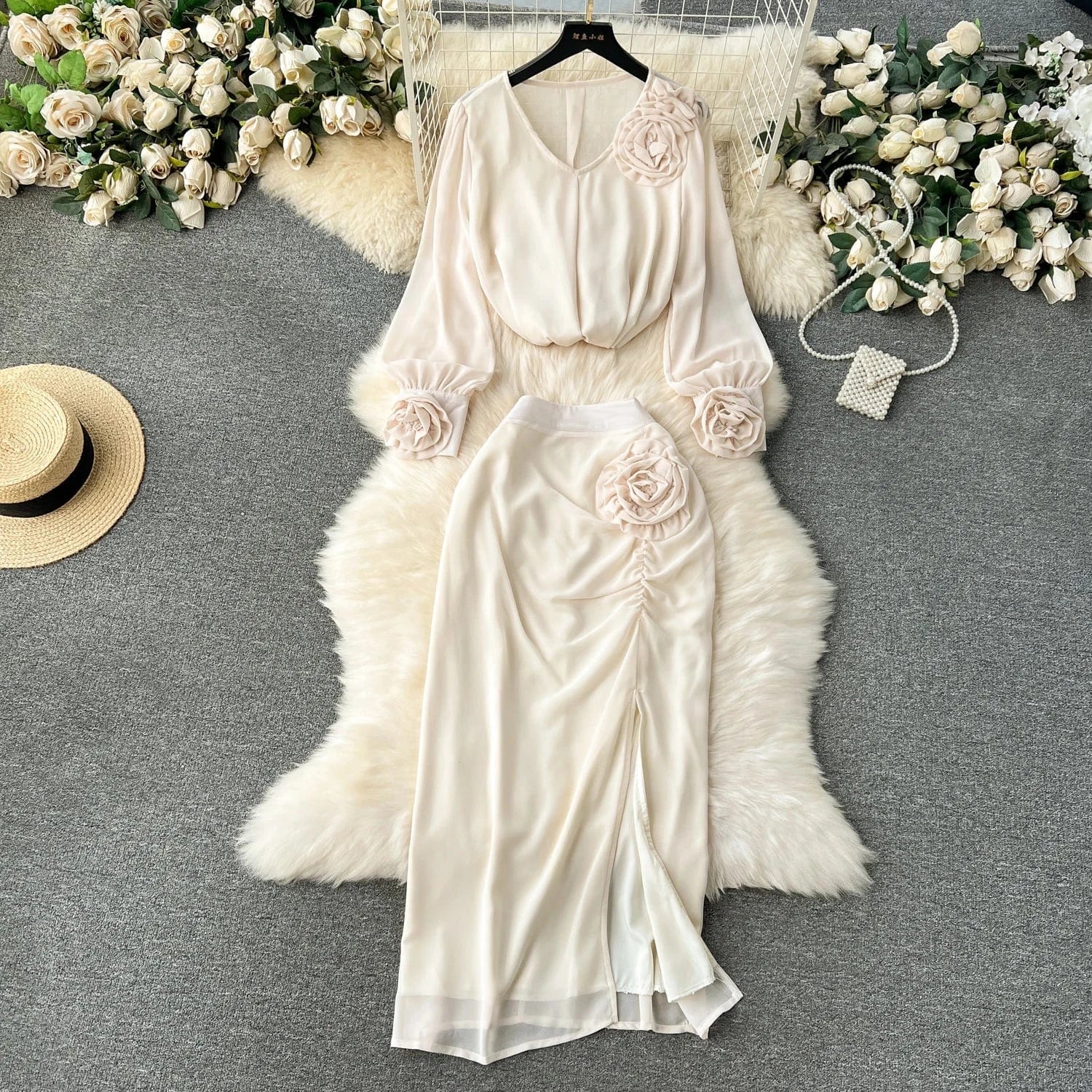 Spring Casual 2 Piece Set For Women Crop Top And Slit Hip Skirts Set American Clothing Wholesale
