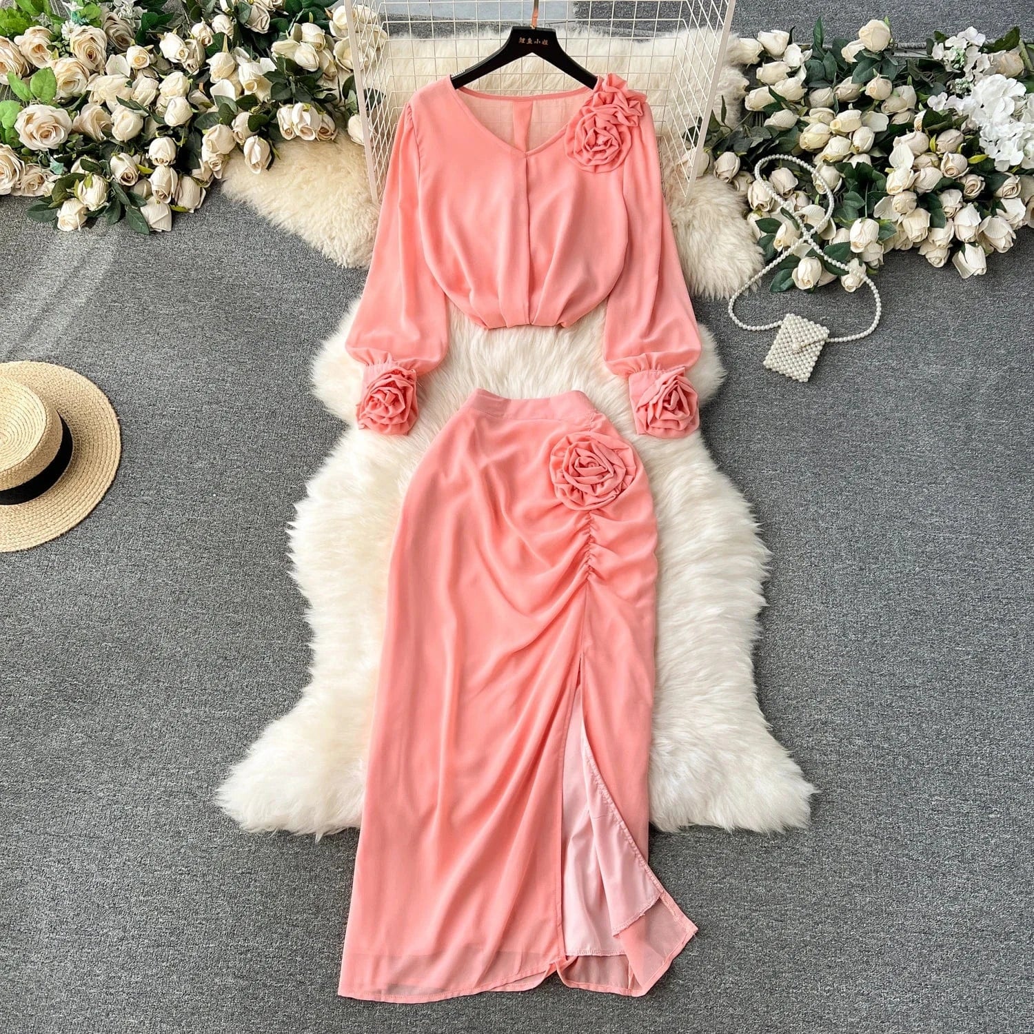 Spring Casual 2 Piece Set For Women Crop Top And Slit Hip Skirts Set American Clothing Wholesale
