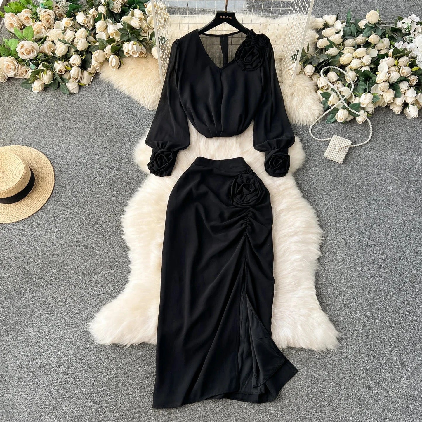 Spring Casual 2 Piece Set For Women Crop Top And Slit Hip Skirts Set American Clothing Wholesale