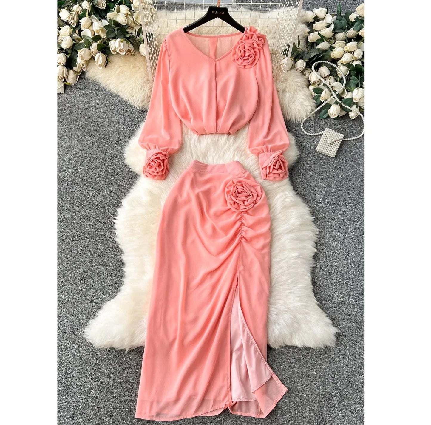 Spring Casual 2 Piece Set For Women Crop Top And Slit Hip Skirts Set American Clothing Wholesale