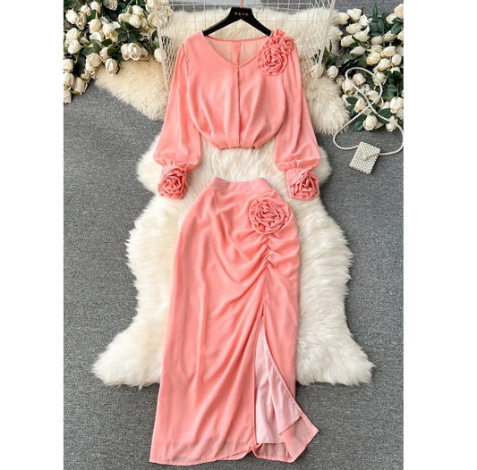 Spring Casual 2 Piece Set For Women Crop Top And Slit Hip Skirts Set American Clothing Wholesale