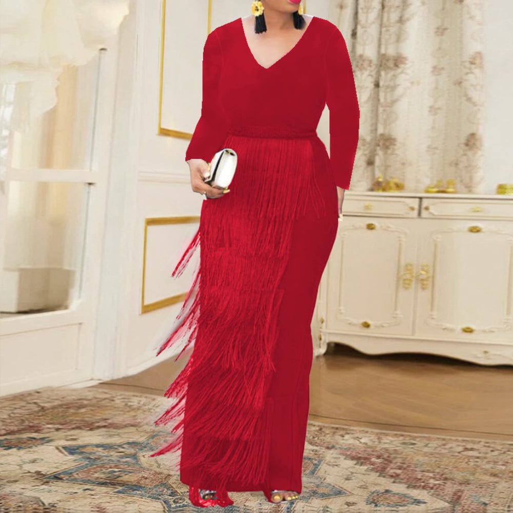 Spring Christmas Vintage Patchwork Party Tassel V Neck Women Evening Dress