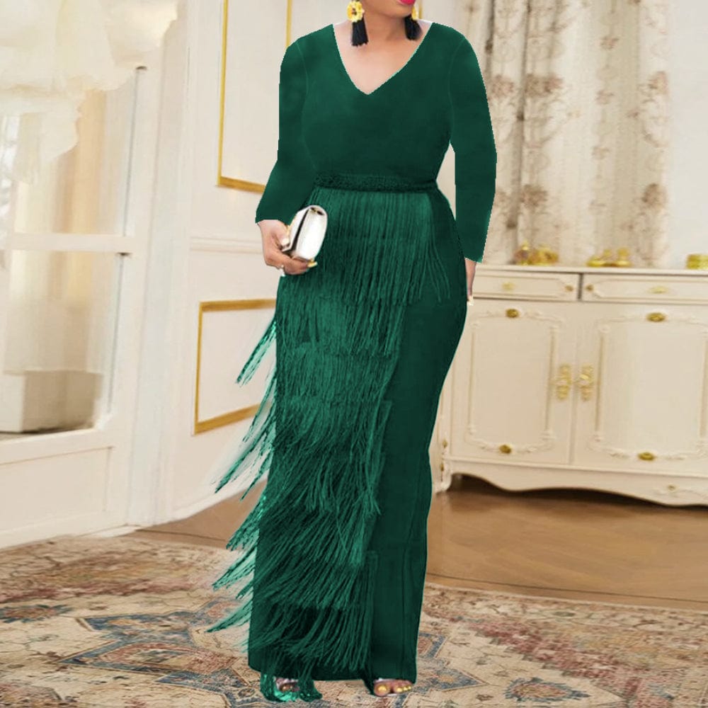 Spring Christmas Vintage Patchwork Party Tassel V Neck Women Evening Dress