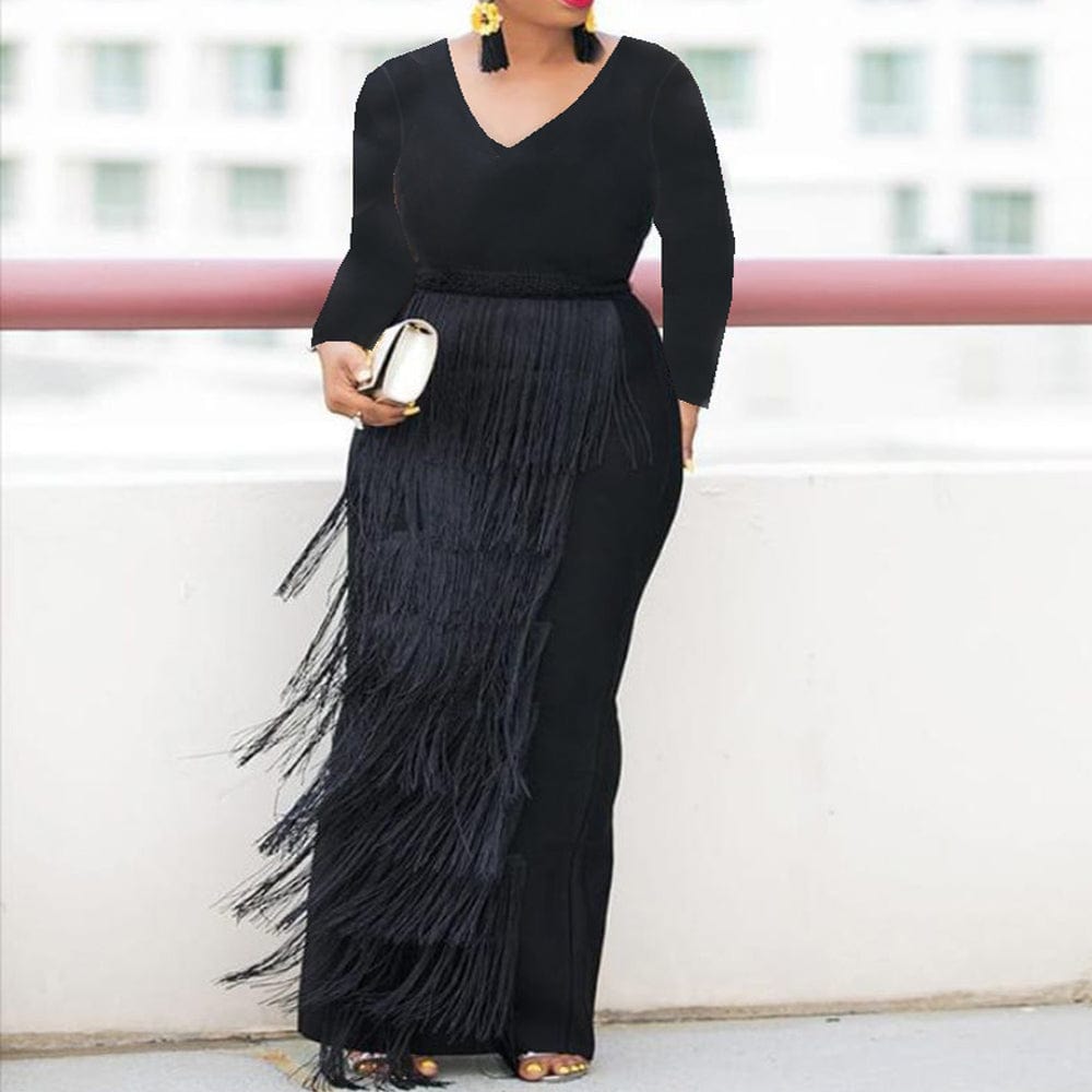Spring Christmas Vintage Patchwork Party Tassel V Neck Women Evening Dress