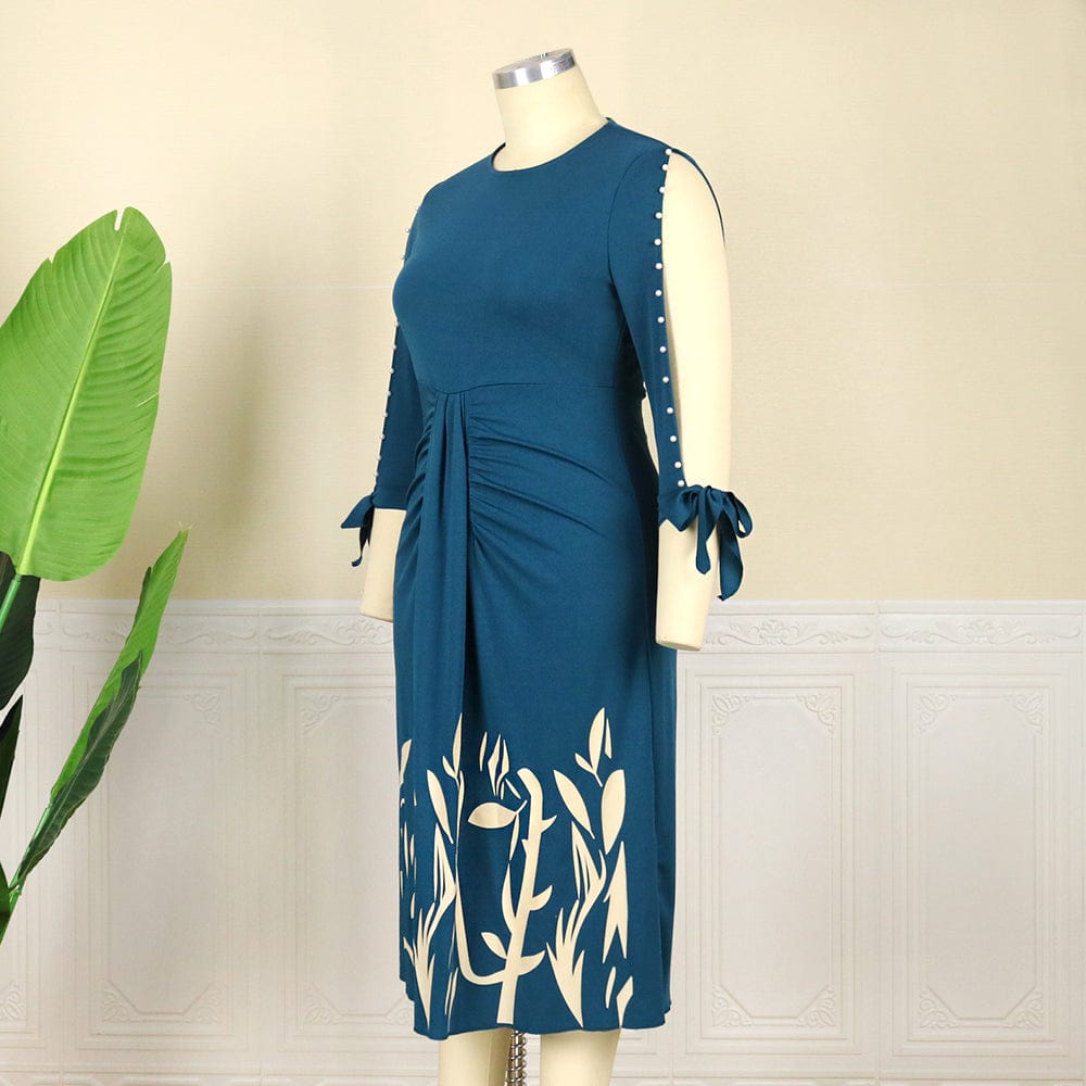Spring Fashion Pleated Printed Elegant African Lady Office Career Dress