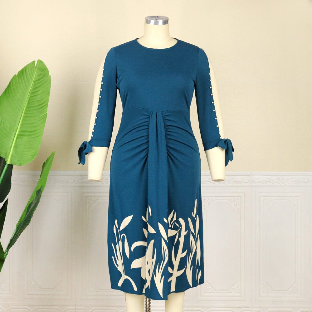 Spring Fashion Pleated Printed Elegant African Lady Office Career Dress