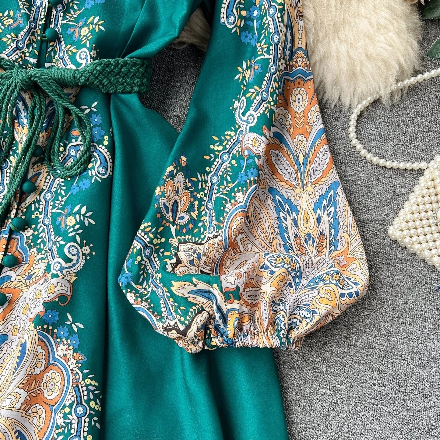 Spring Full Sleeve Stand Collar Print Casual Dress Women High Waist Lantern Sleeve Midi A-line Dress Ladies Elegant Dresses