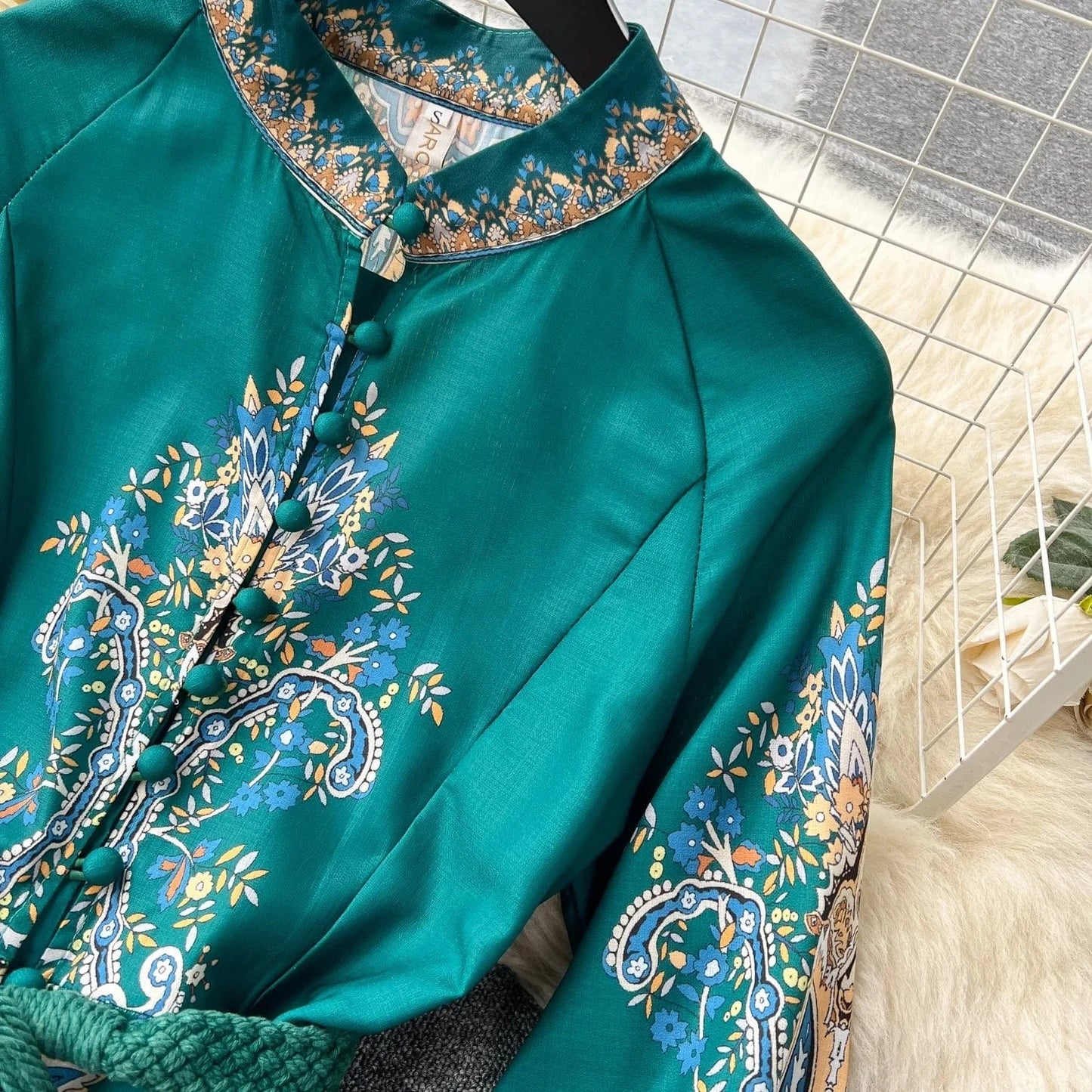 Spring Full Sleeve Stand Collar Print Casual Dress Women High Waist Lantern Sleeve Midi A-line Dress Ladies Elegant Dresses