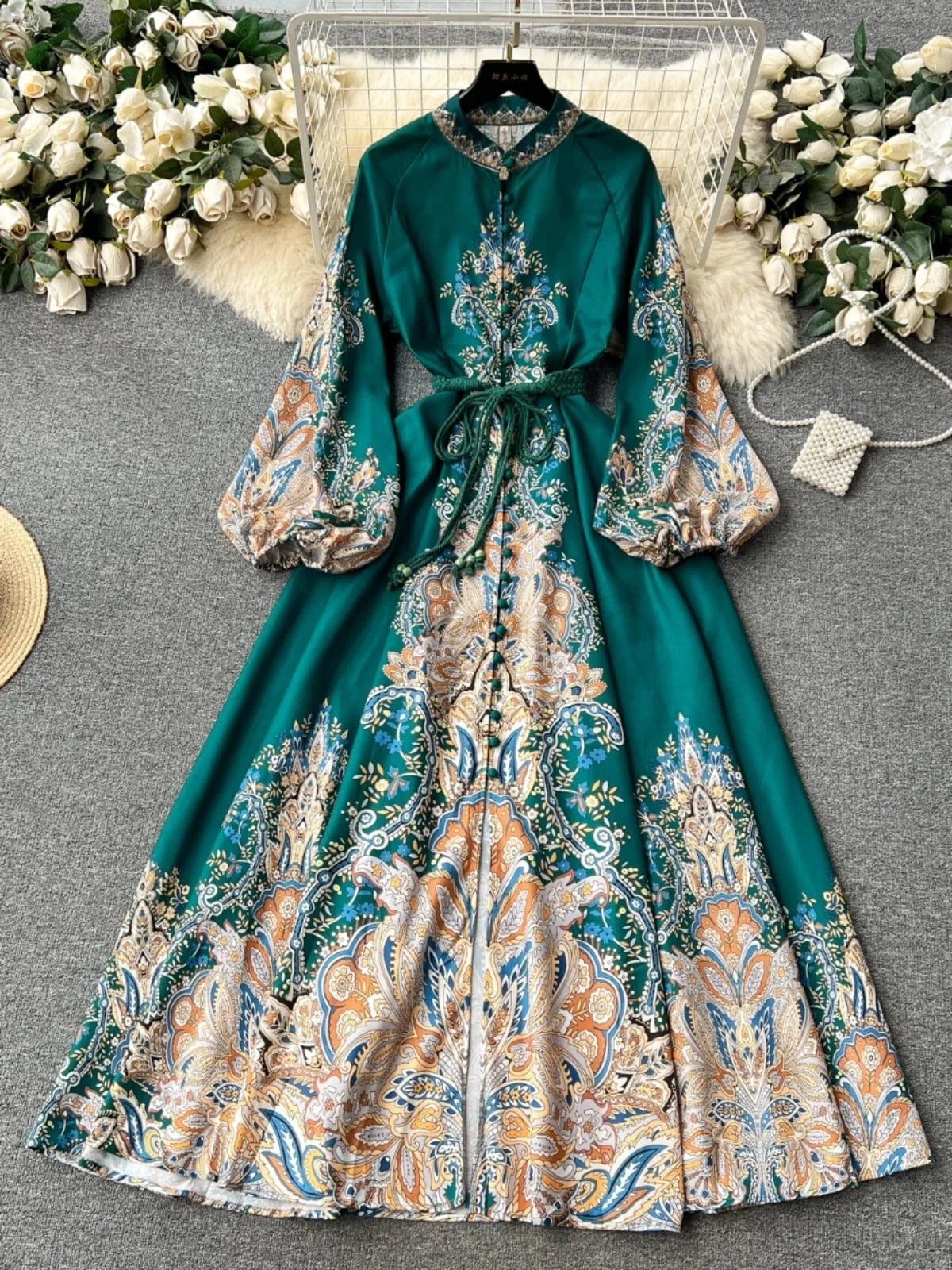 Spring Full Sleeve Stand Collar Print Casual Dress Women High Waist Lantern Sleeve Midi A-line Dress Ladies Elegant Dresses